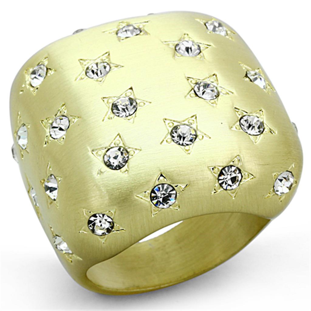 JCE3037 Gold & Brush Brass Ring with Top Grade Crystal in Clear