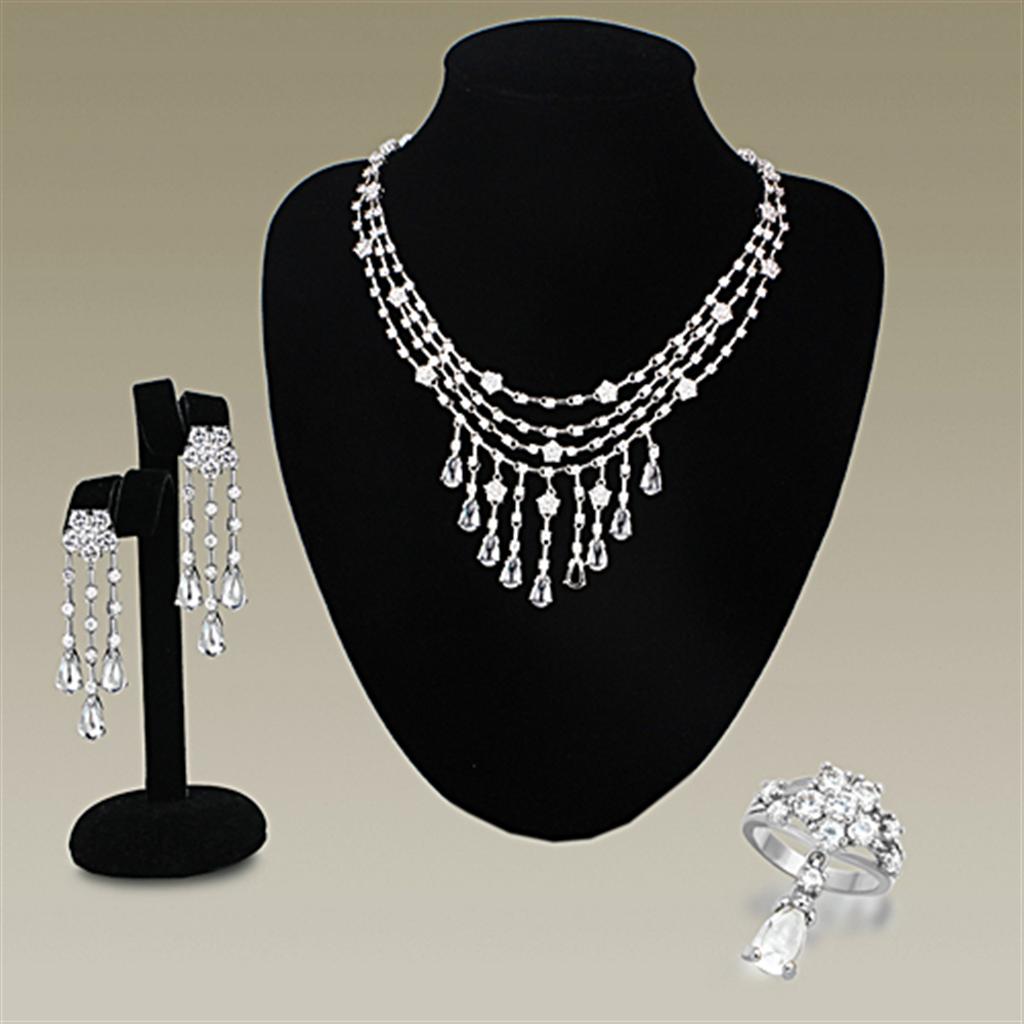 JCE3076 Rhodium Brass Jewelry Sets with AAA Grade CZ in Clear