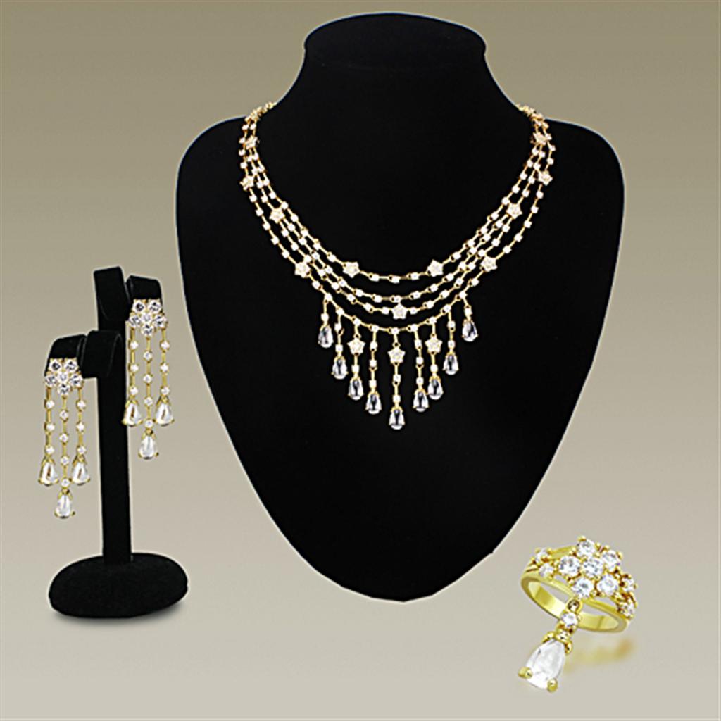 JCE3077 Gold Brass Jewelry Sets with AAA Grade CZ in Clear