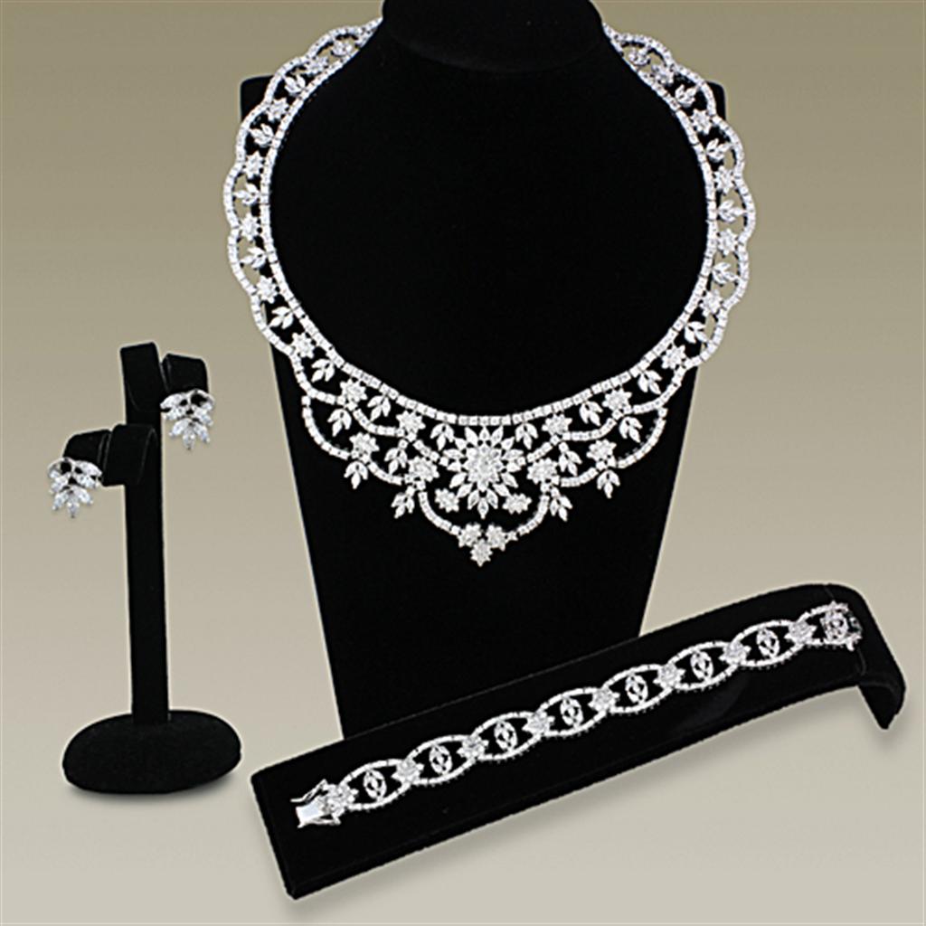 JCE3291 Rhodium Brass Jewelry Sets with AAA Grade CZ in Clear