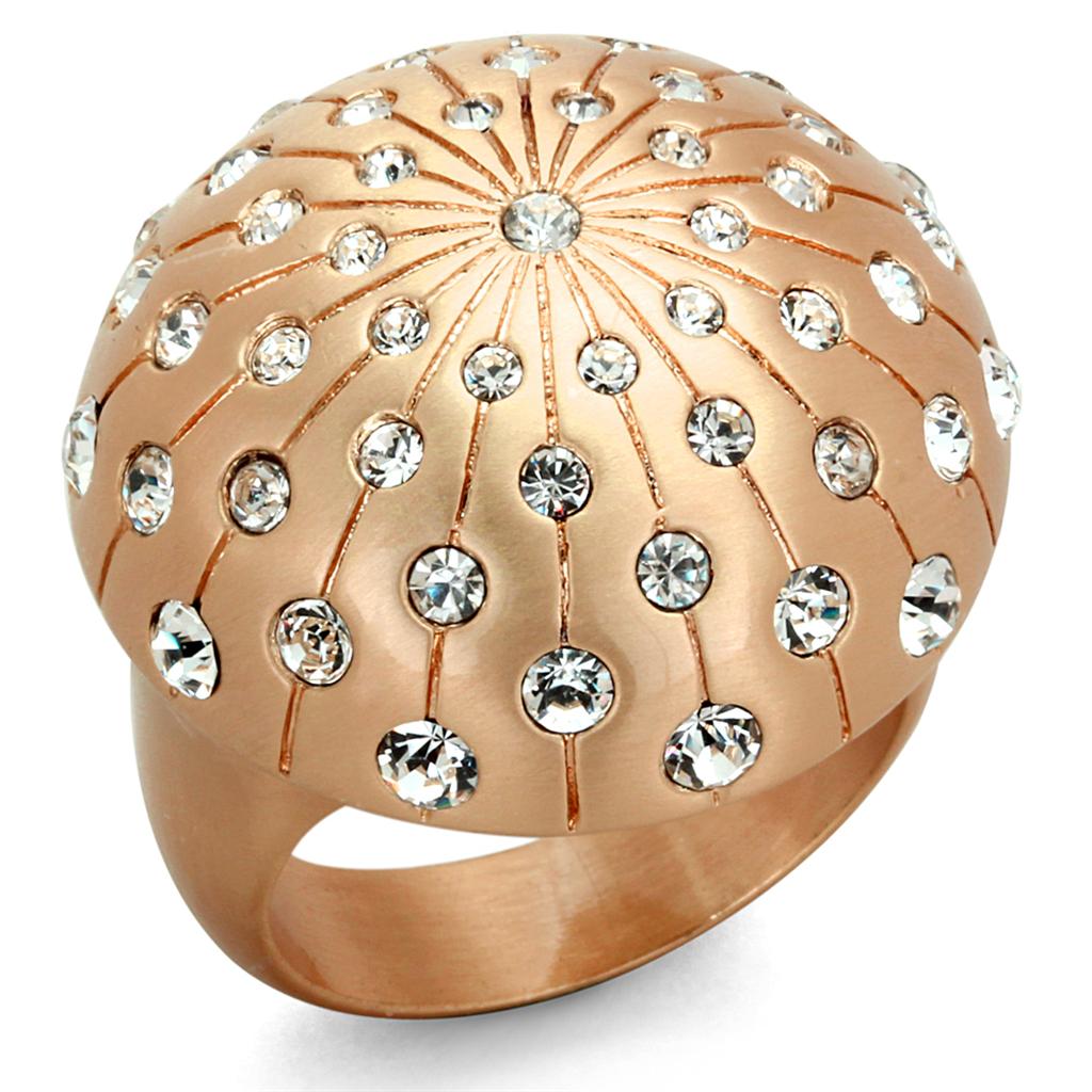 JCE3514 Rose Gold Brass Ring with Top Grade Crystal in Clear