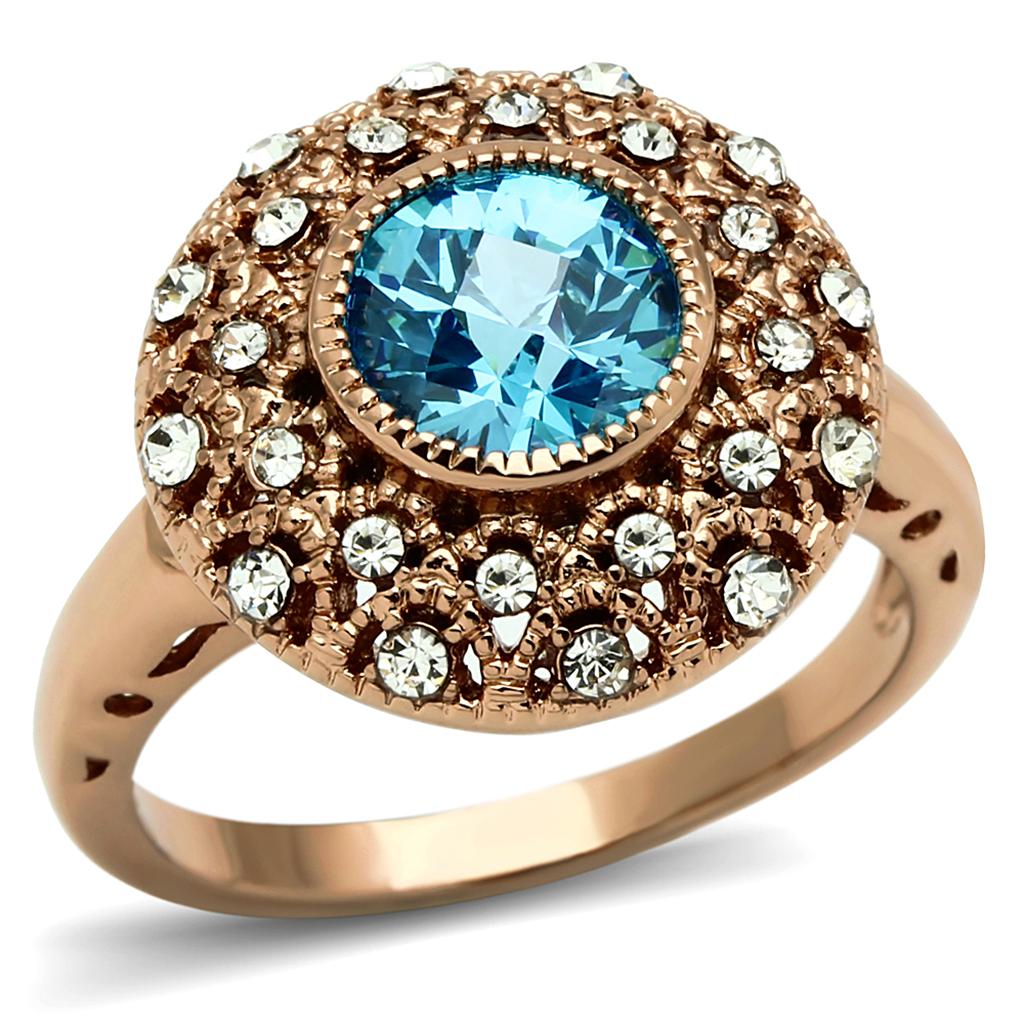 JCE3535 Rose Gold Brass Ring with AAA Grade CZ in Sea Blue