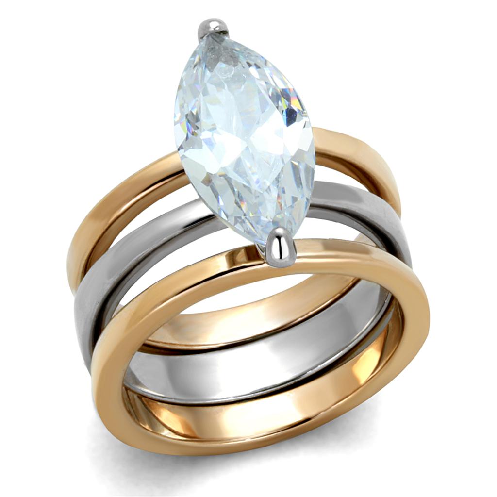 JCE3554 Two-Tone IP Rose Gold Stainless Steel Ring with AAA Grade CZ in Clear