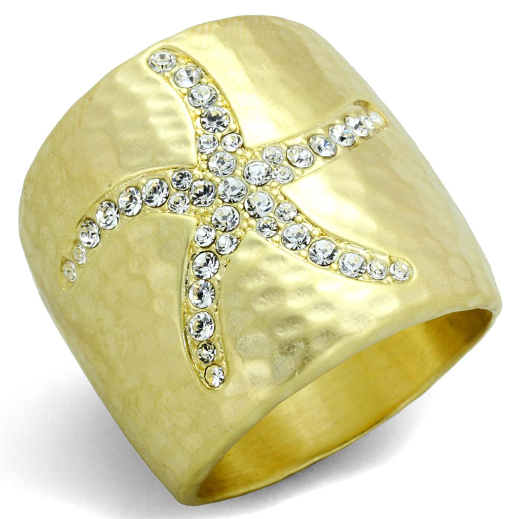 JCE3637 Gold & Brush Brass Ring with Top Grade Crystal in Clear