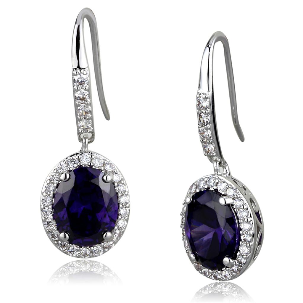 JCE3771 Rhodium Brass Earrings with AAA Grade CZ in Amethyst