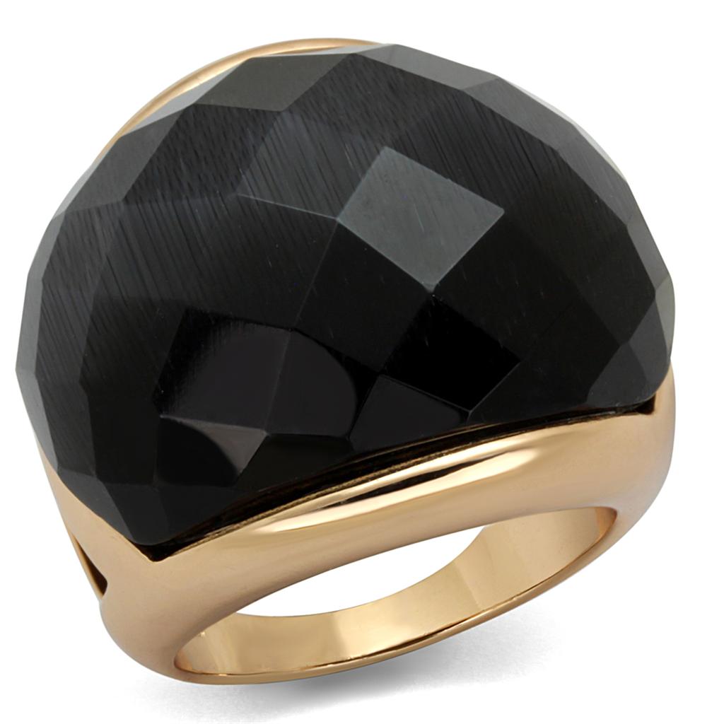 JCE3907 Rose Gold Brass Ring with Synthetic Cat Eye in Jet