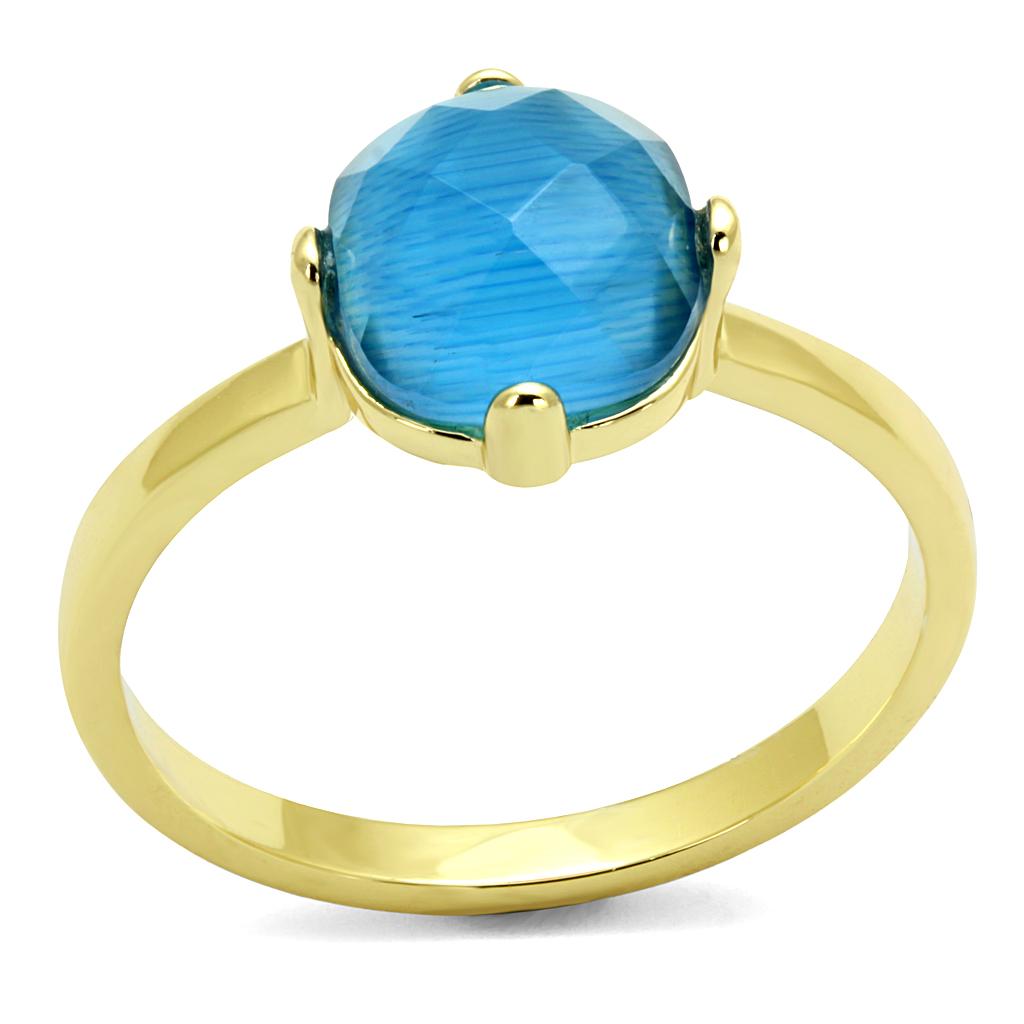 JCE4073 Flash Gold Brass Ring with Synthetic Cat Eye in Capri Blue