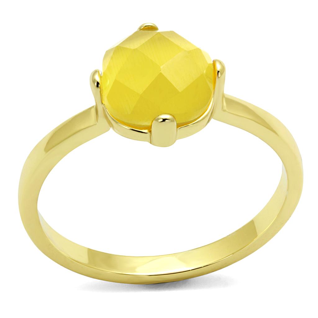 JCE4074 Flash Gold Brass Ring with Synthetic Cat Eye in Topaz