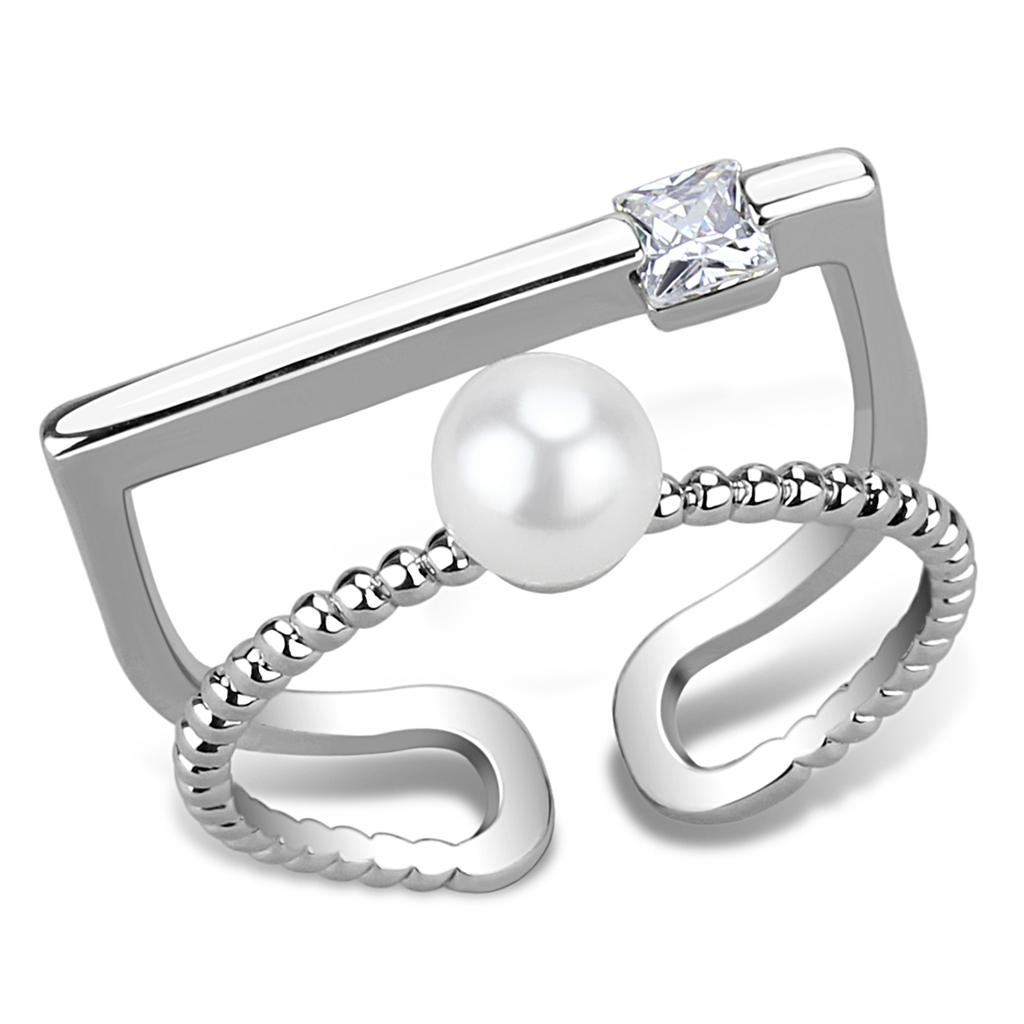 JCE4263 Rhodium Brass Ring with Synthetic Pearl in White