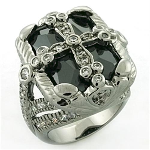 JCEA708 Rhodium + Ruthenium Brass Ring with AAA Grade CZ in Jet