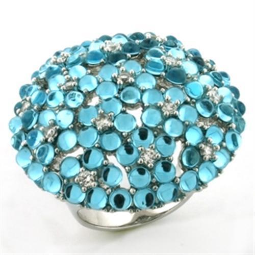 JCEA740 Rhodium Brass Ring with Synthetic Imitation Amber in Sea Blue