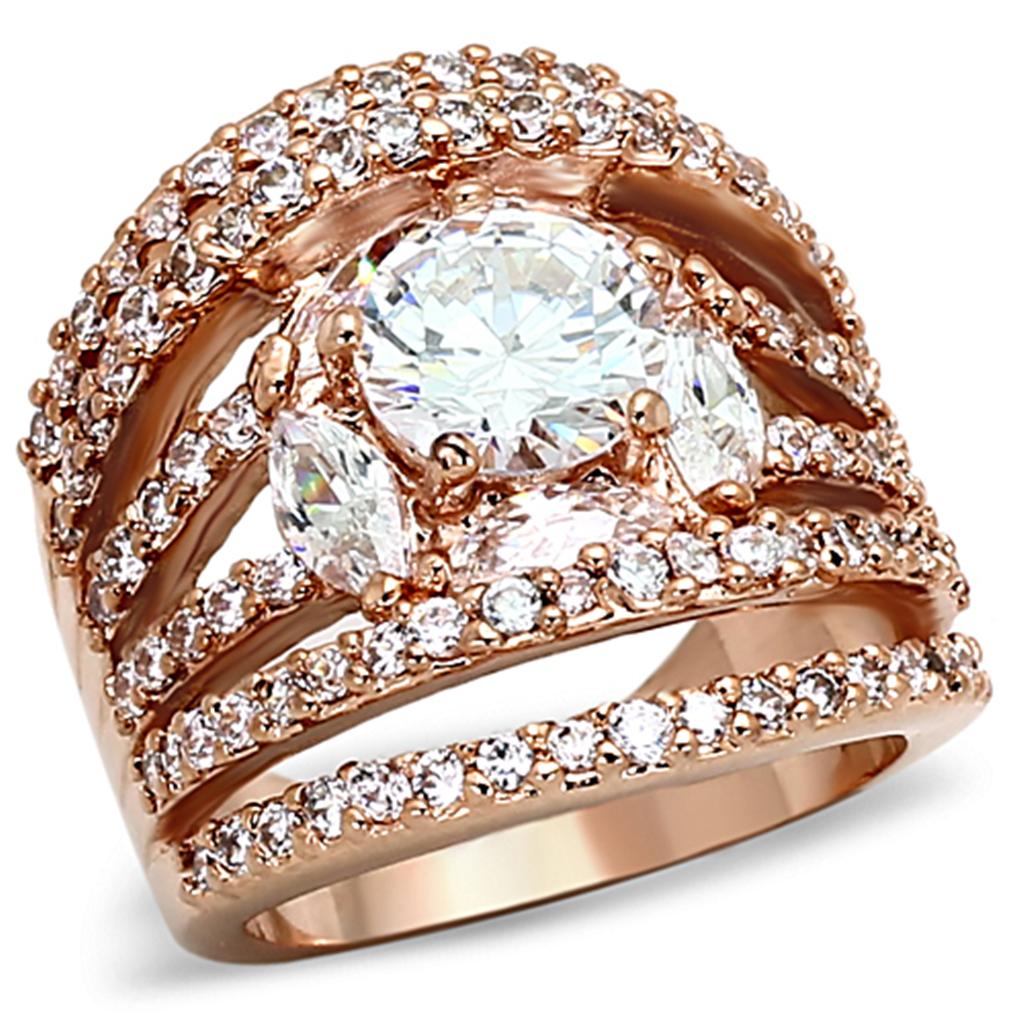 JCEA879 Rose Gold Brass Ring with AAA Grade CZ in Clear