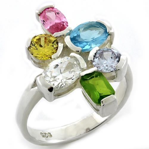 JCEAS1075 High-Polished 925 Sterling Silver Ring with AAA Grade CZ in Multi Color