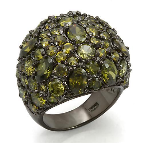 JCES291 Ruthenium 925 Sterling Silver Ring with AAA Grade CZ in Olivine color
