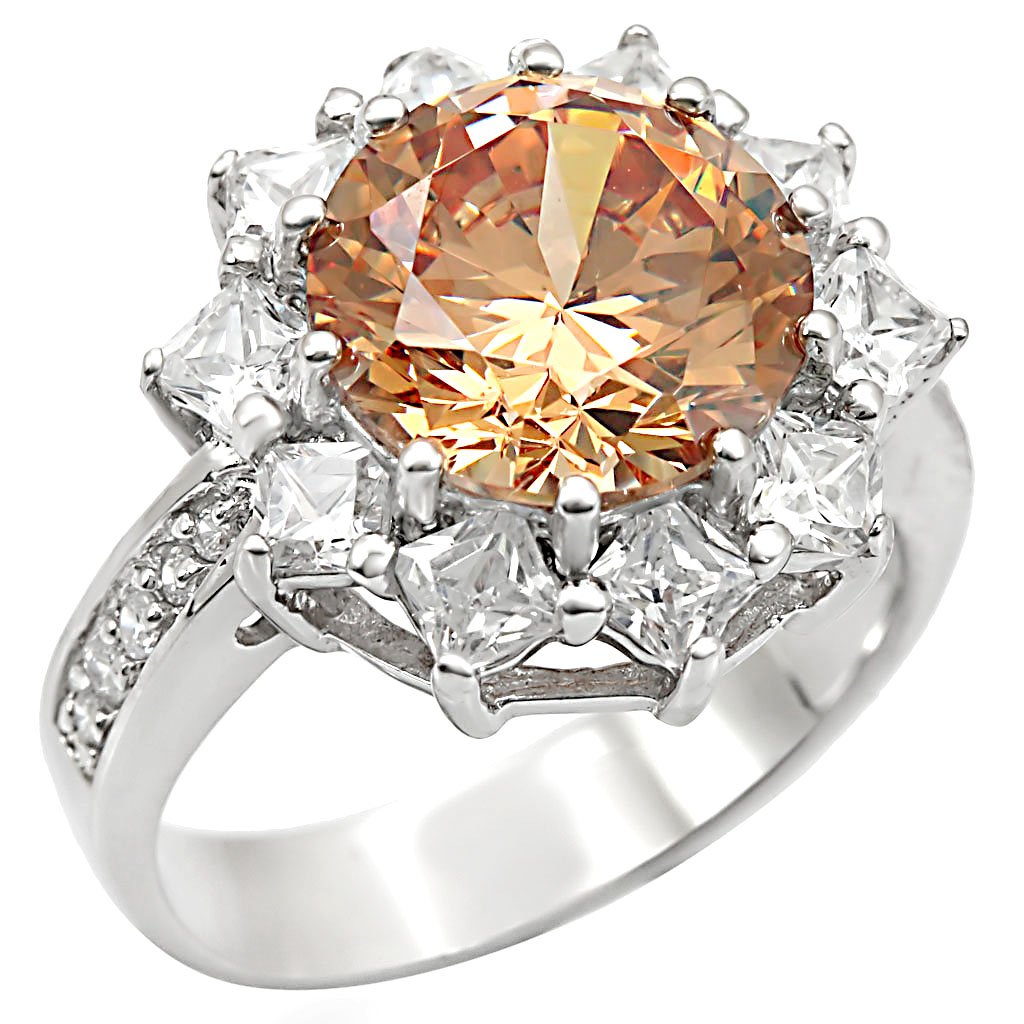 JCES336 Rhodium 925 Sterling Silver Ring with AAA Grade CZ in Champagne