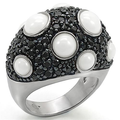 JCES376 Rhodium + Ruthenium 925 Sterling Silver Ring with Milky CZ in White