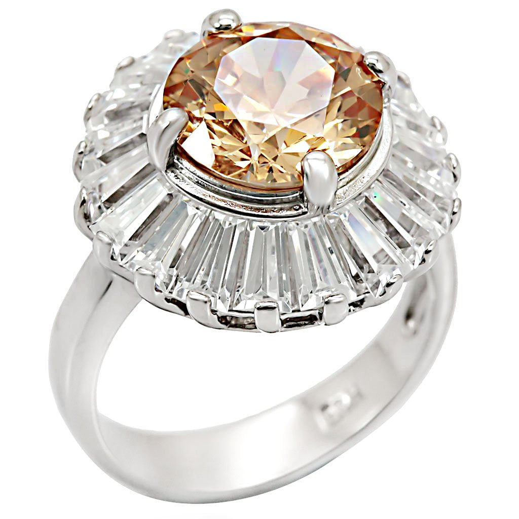 JCES412 Rhodium 925 Sterling Silver Ring with AAA Grade CZ in Champagne