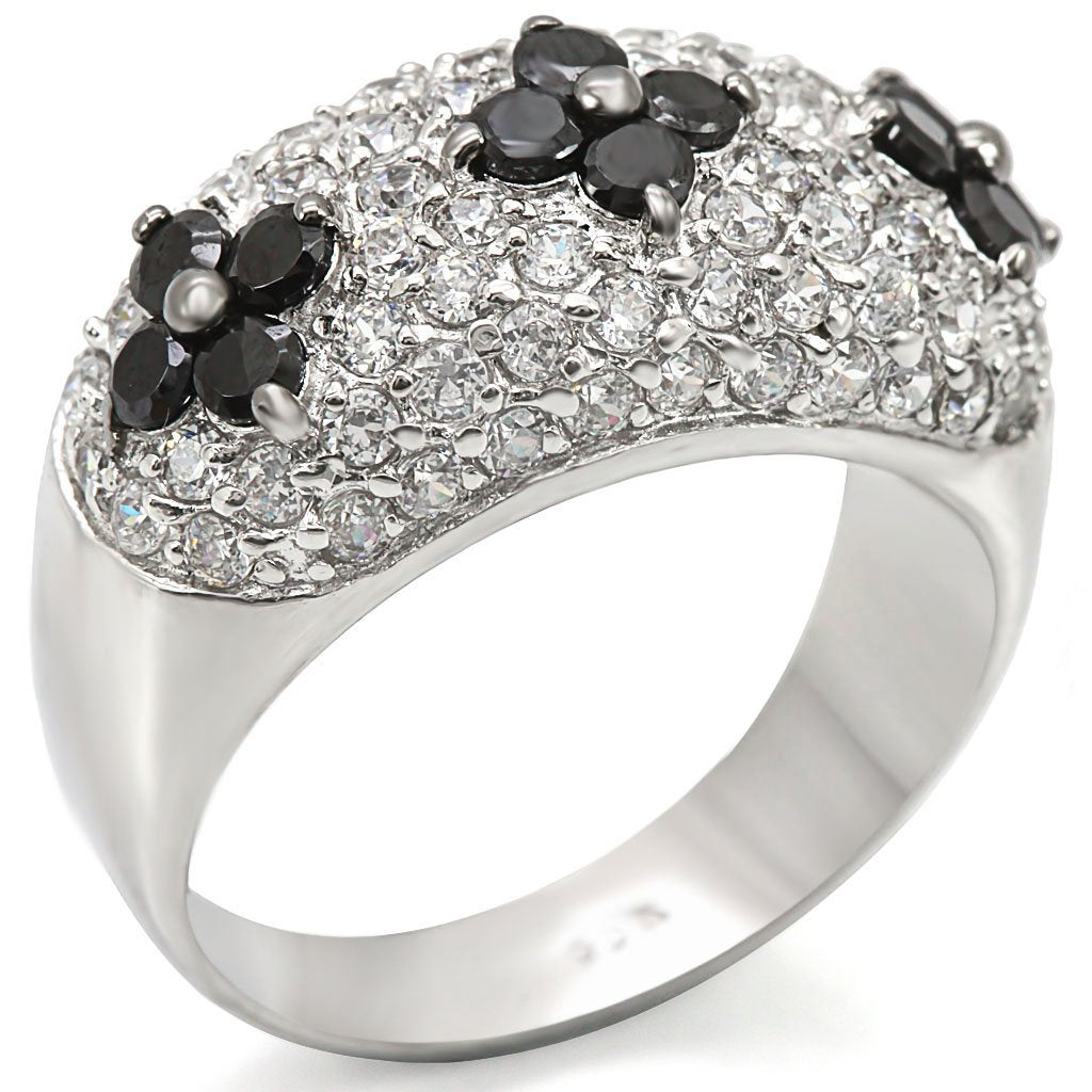JCES468 Rhodium + Ruthenium 925 Sterling Silver Ring with AAA Grade CZ in Black Diamond