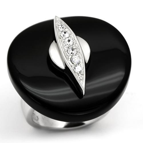 JCES564 Rhodium 925 Sterling Silver Ring with Semi-Precious Agate in Jet