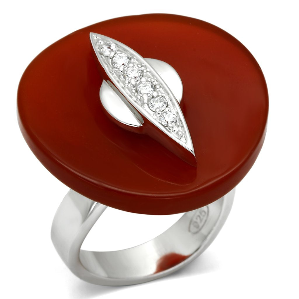JCES565 Rhodium 925 Sterling Silver Ring with Semi-Precious Agate in Garnet