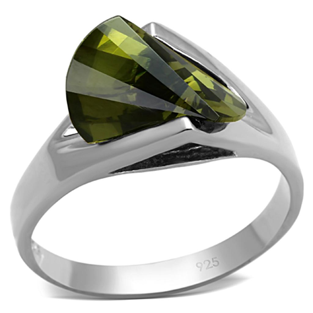 JCES654 Rhodium 925 Sterling Silver Ring with AAA Grade CZ in Olivine color