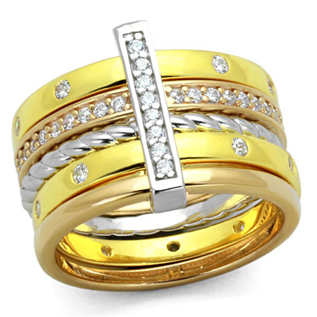 JCES810 Rhodium + Gold + Rose Gold 925 Sterling Silver Ring with AAA Grade CZ in Clear