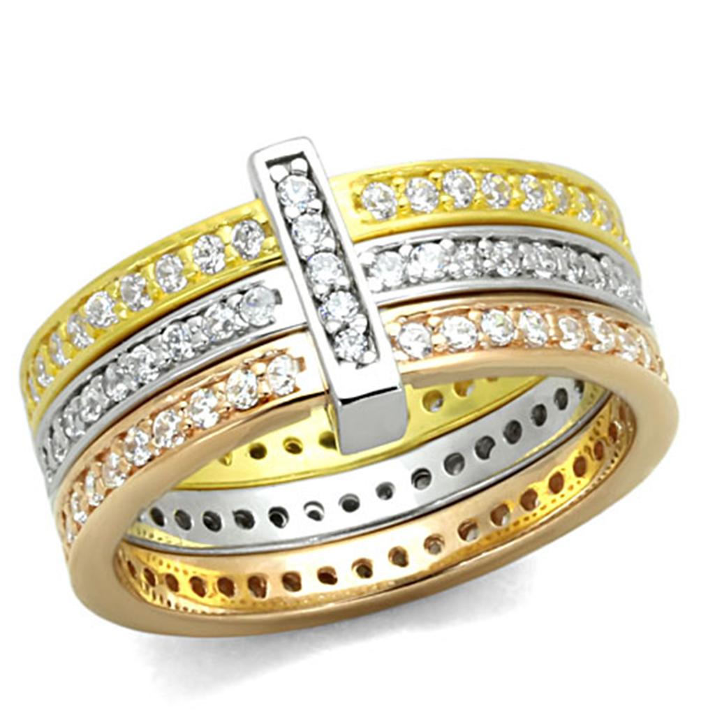 JCES811 Rhodium + Gold + Rose Gold 925 Sterling Silver Ring with AAA Grade CZ in Clear