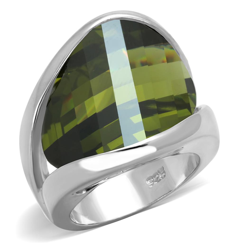 JCES829 Rhodium 925 Sterling Silver Ring with AAA Grade CZ in Olivine color