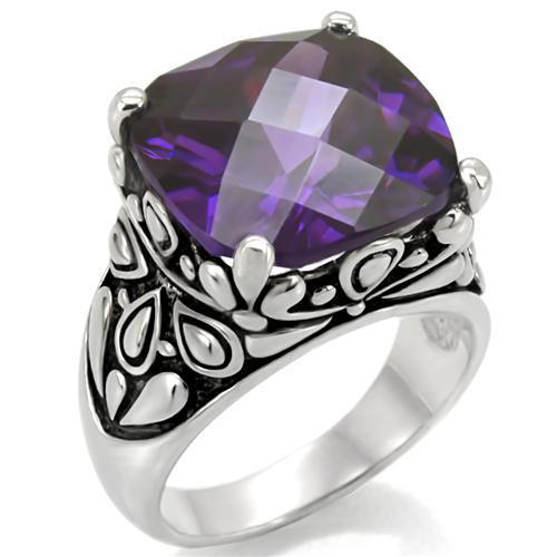 JCE016 High polished (no plating) Stainless Steel Ring with AAA Grade CZ in Amethyst