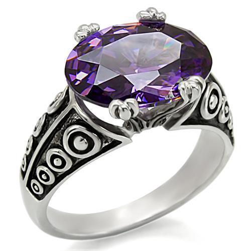 JCE017 High polished (no plating) Stainless Steel Ring with AAA Grade CZ in Amethyst