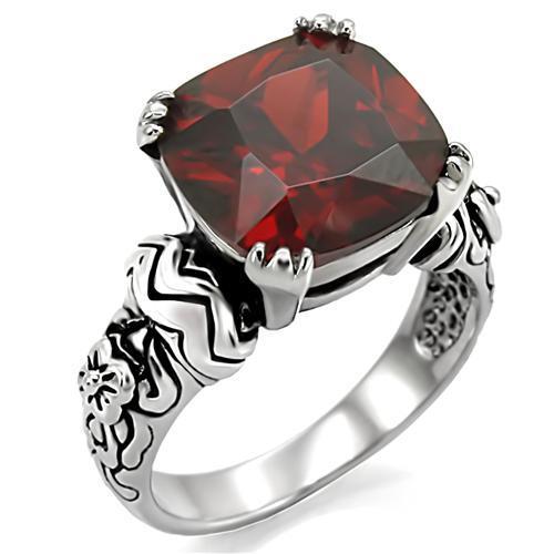 JCE018 High polished (no plating) Stainless Steel Ring with AAA Grade CZ in Garnet