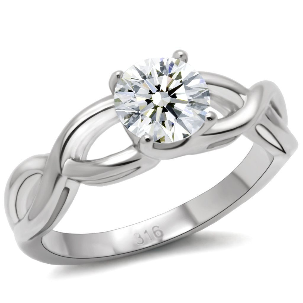JCE065 High polished (no plating) Stainless Steel Ring with AAA Grade CZ in Clear