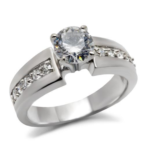 JCE068 High polished (no plating) Stainless Steel Ring with AAA Grade CZ in Clear