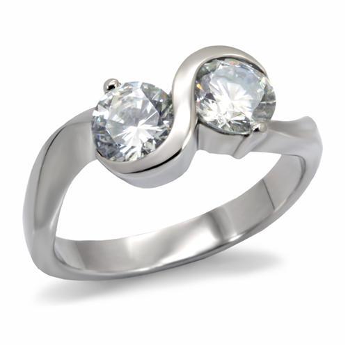 JCE072 High polished (no plating) Stainless Steel Ring with AAA Grade CZ in Clear