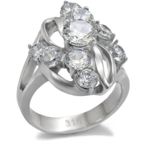 JCE074 High polished (no plating) Stainless Steel Ring with AAA Grade CZ in Clear