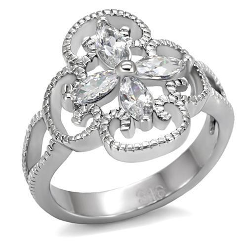 JCE078 High polished (no plating) Stainless Steel Ring with AAA Grade CZ in Clear