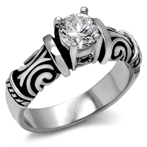 JCE082 High polished (no plating) Stainless Steel Ring with AAA Grade CZ in Clear