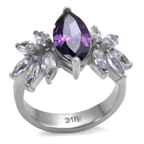 JCE085 High polished (no plating) Stainless Steel Ring with AAA Grade CZ in Amethyst