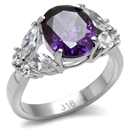 JCE086 High polished (no plating) Stainless Steel Ring with AAA Grade CZ in Amethyst
