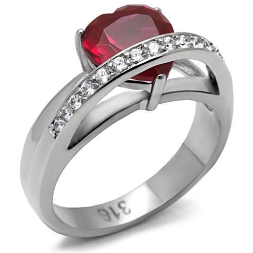 JCE089 High polished (no plating) Stainless Steel Ring with AAA Grade CZ in Ruby