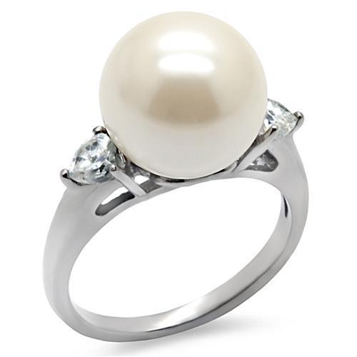 JCE090 High polished (no plating) Stainless Steel Ring with Synthetic Pearl in Aurora Borealis (Rainbow Effect)