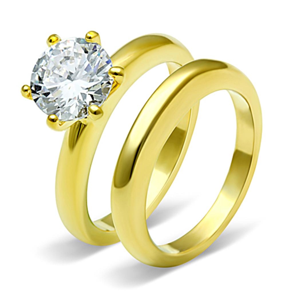 JCE097G IP Gold(Ion Plating) Stainless Steel Ring with AAA Grade CZ in Clear