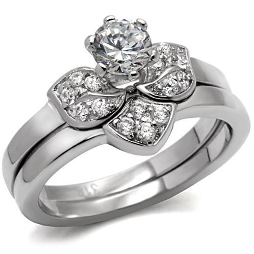 JCE099 High polished (no plating) Stainless Steel Ring with AAA Grade CZ in Clear