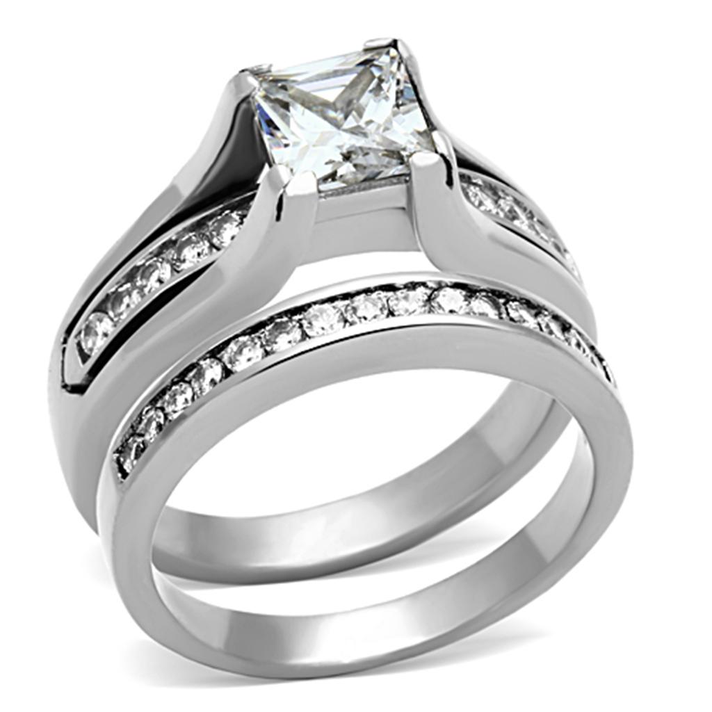 JCE0W383 High polished (no plating) Stainless Steel Ring with AAA Grade CZ in Clear
