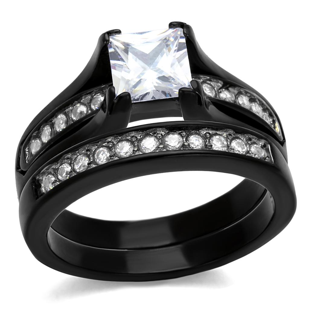 JCE0W383J Two-Tone IP Black Stainless Steel Ring with AAA Grade CZ in Clear