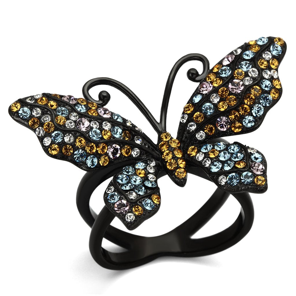 JCE1004 IP Black(Ion Plating) Stainless Steel Ring with Top Grade Crystal in Multi Color