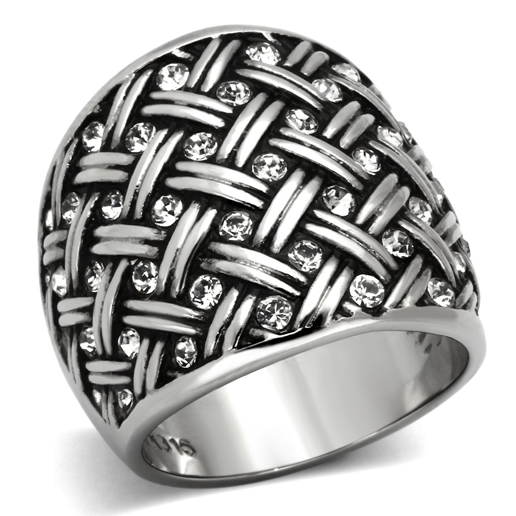 JCE1007 High polished (no plating) Stainless Steel Ring with Top Grade Crystal in Clear