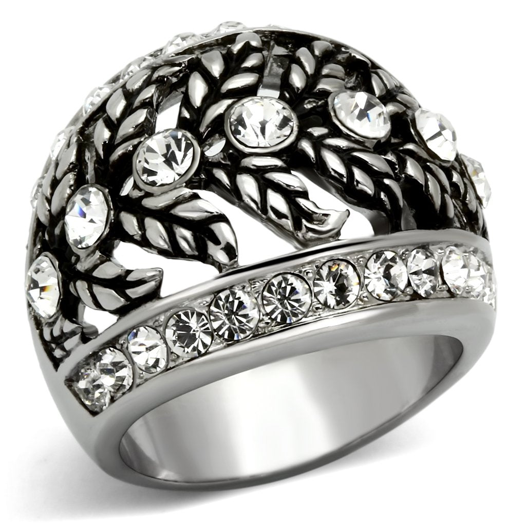 JCE1015 High polished (no plating) Stainless Steel Ring with Top Grade Crystal in Clear