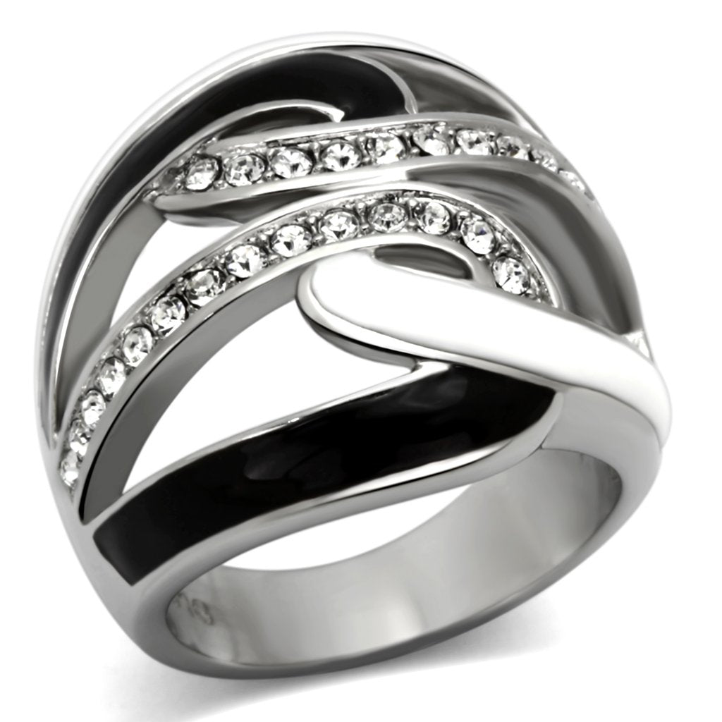 JCE1018 High polished (no plating) Stainless Steel Ring with Top Grade Crystal in Clear