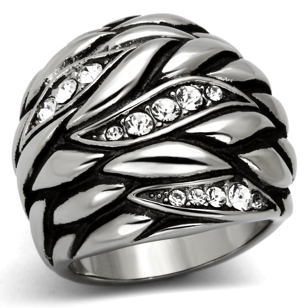 JCE1020 High polished (no plating) Stainless Steel Ring with Top Grade Crystal in Clear